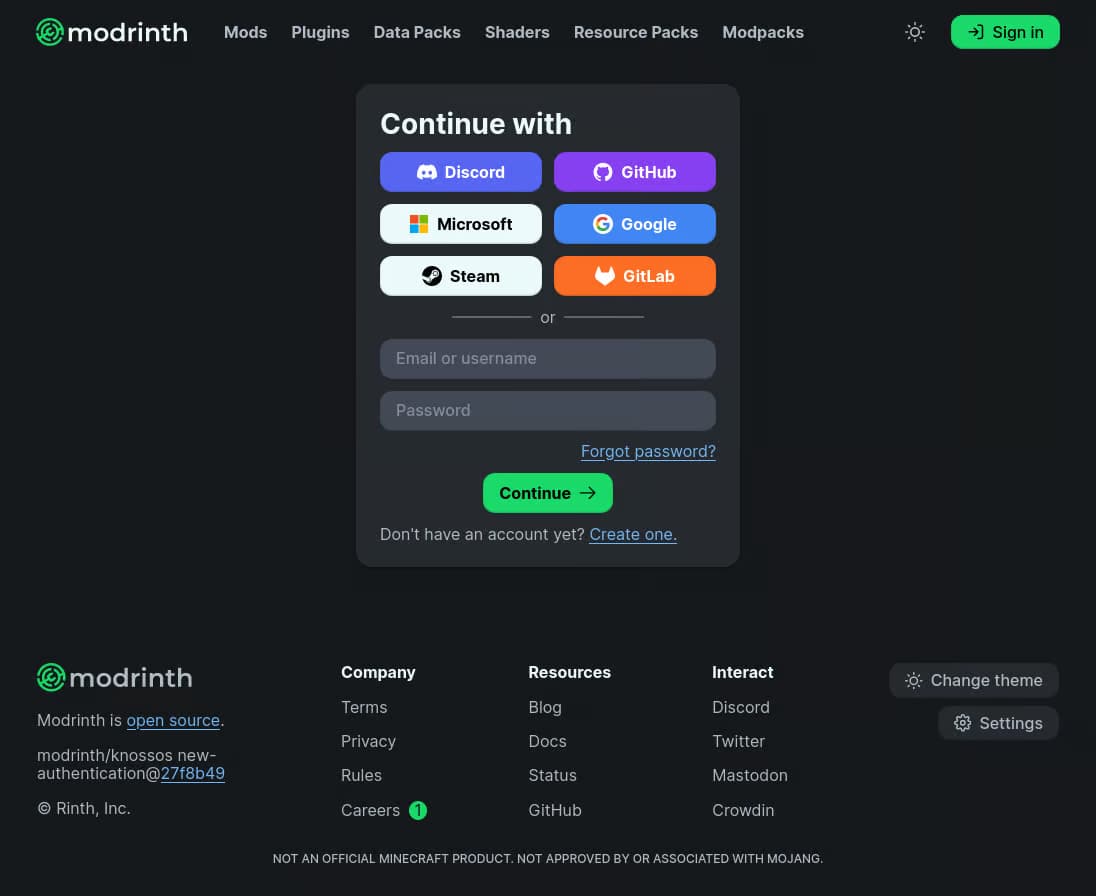 A screenshot of the new Modrinth sign-in page, showing options to sign in with Discord, GitHub, Microsoft, Google, Steam, GitLab, or with an email and password.