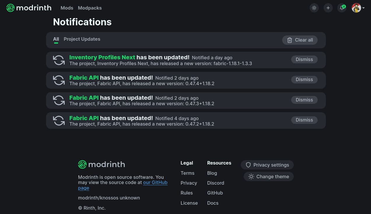 The notifications page
