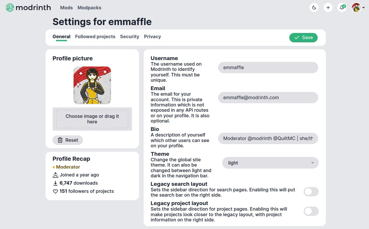 The profile settings page